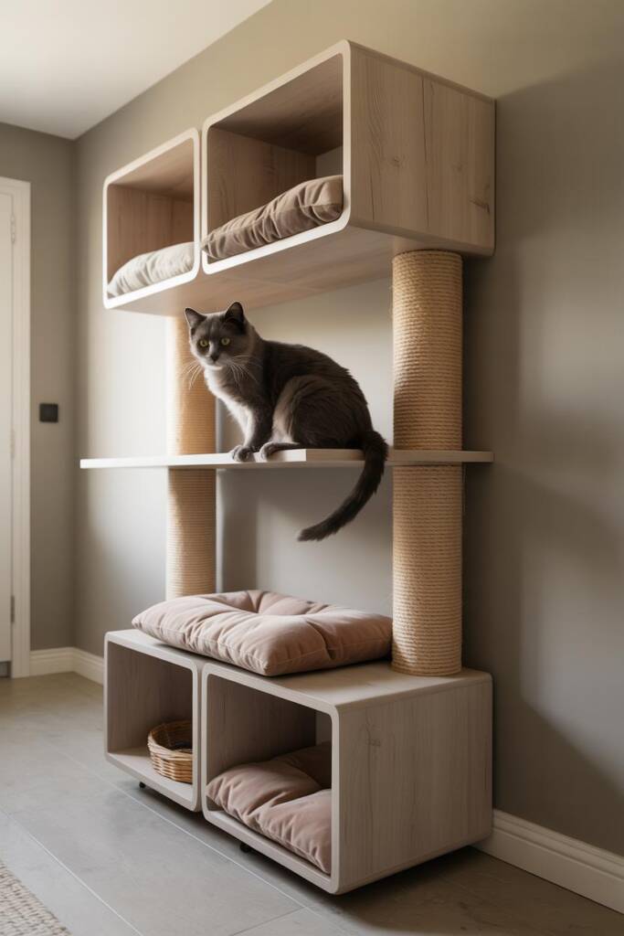 Modern cat trees designed with sleek wood and chic fabrics that blend seamlessly with home decor while still delighting kids