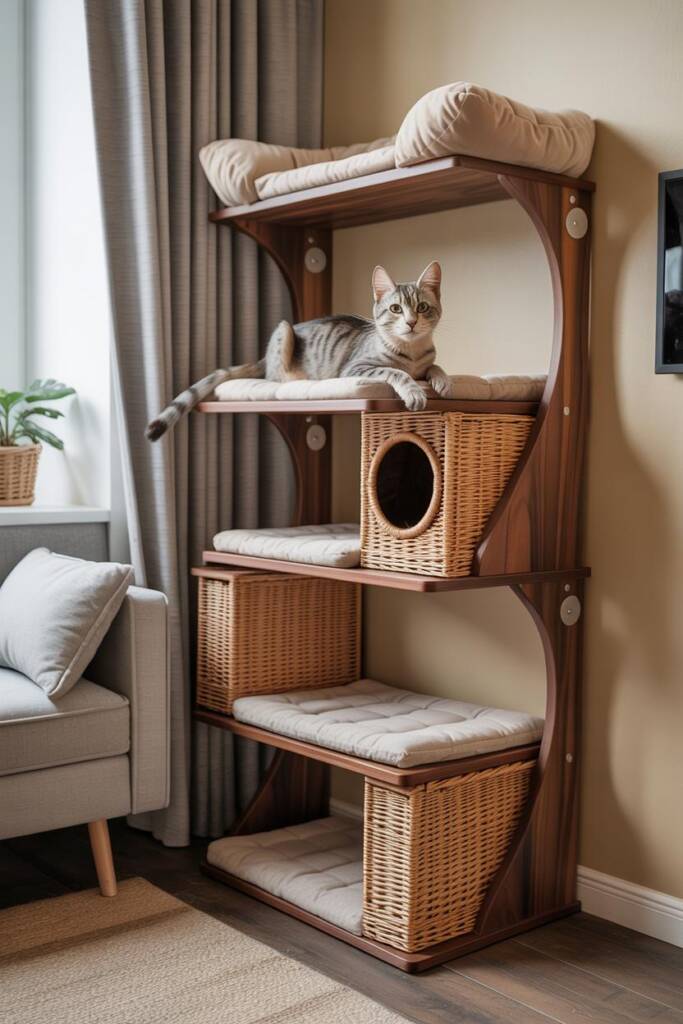 Modern cat trees designed with sleek wood and chic fabrics that blend seamlessly with home decor while still delighting kids