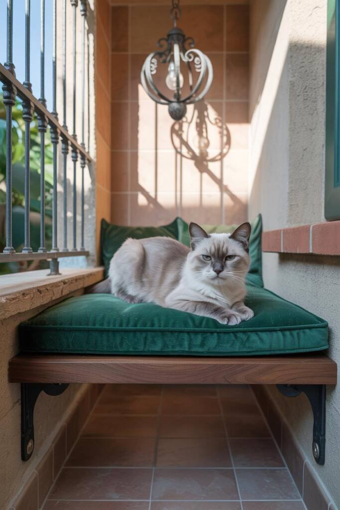 Cozy cat space with a Persian-style rug, velvet cushion, and an ornate chandelier overhead for a ballroom-inspired look Bridg