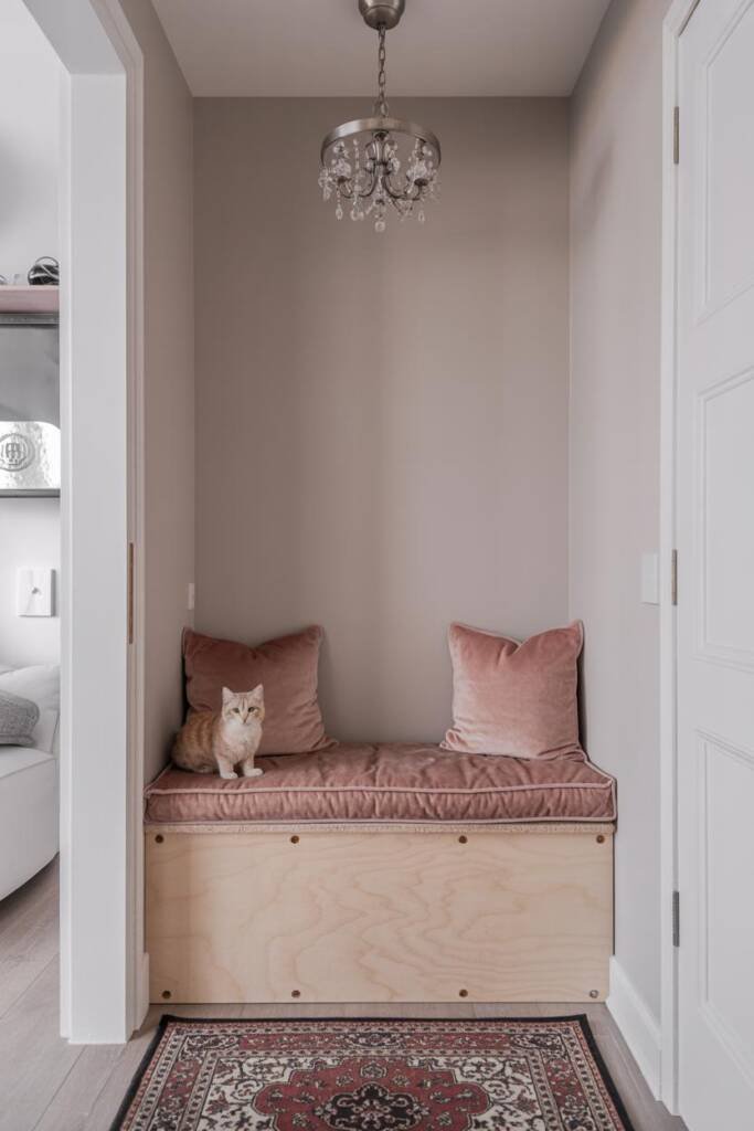 Cozy cat space with a Persian-style rug, velvet cushion, and an ornate chandelier overhead for a ballroom-inspired look Bridg