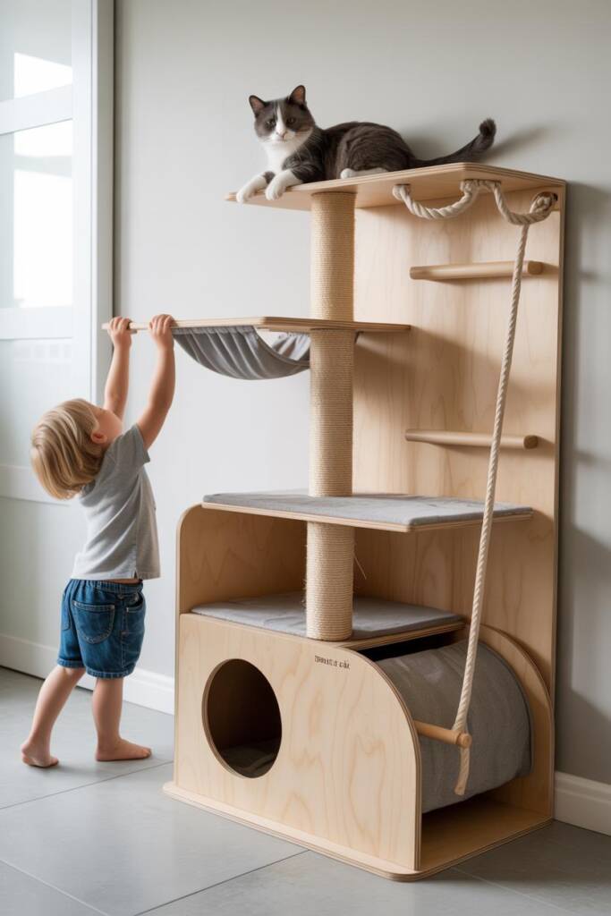 A multi-level cat tree designed like a jungle gym for both kids and cats. It has sturdy climbing ropes that children can grab