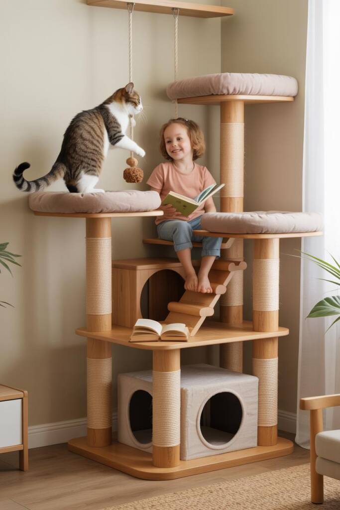 A multi-level cat tree designed like a jungle gym for both kids and cats. It has sturdy climbing ropes that children can grab