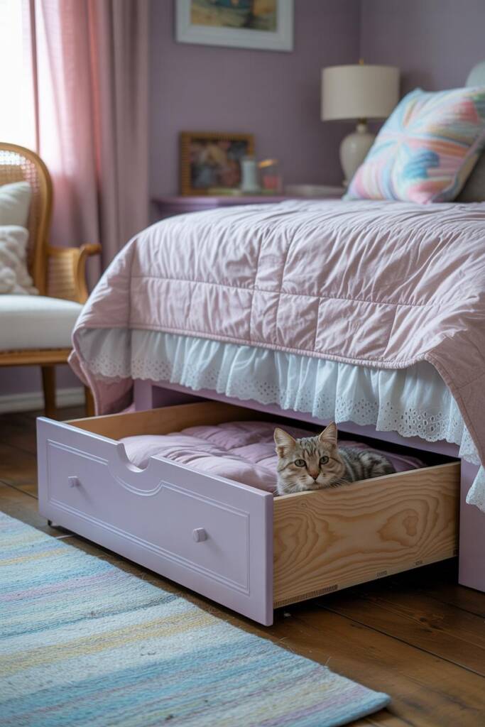Pastel-painted dresser drawer with cushion slid under bed, hidden behind ruffled bed skirt; layered quilts on bed, wood floor