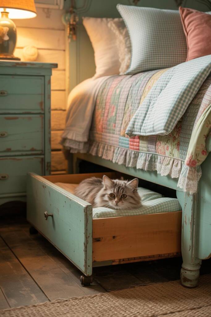 Pastel-painted dresser drawer with cushion slid under bed, hidden behind ruffled bed skirt; layered quilts on bed, wood floor