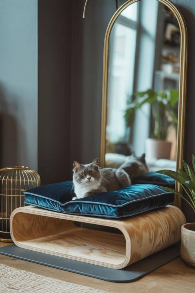 Opulent cat lounging corner with a deep velvet cushion in jewel tones, framed by a gilded mirror and dramatic Regency-style a