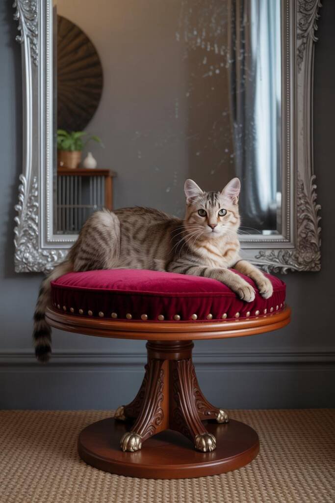 Opulent cat lounging corner with a deep velvet cushion in jewel tones, framed by a gilded mirror and dramatic Regency-style a
