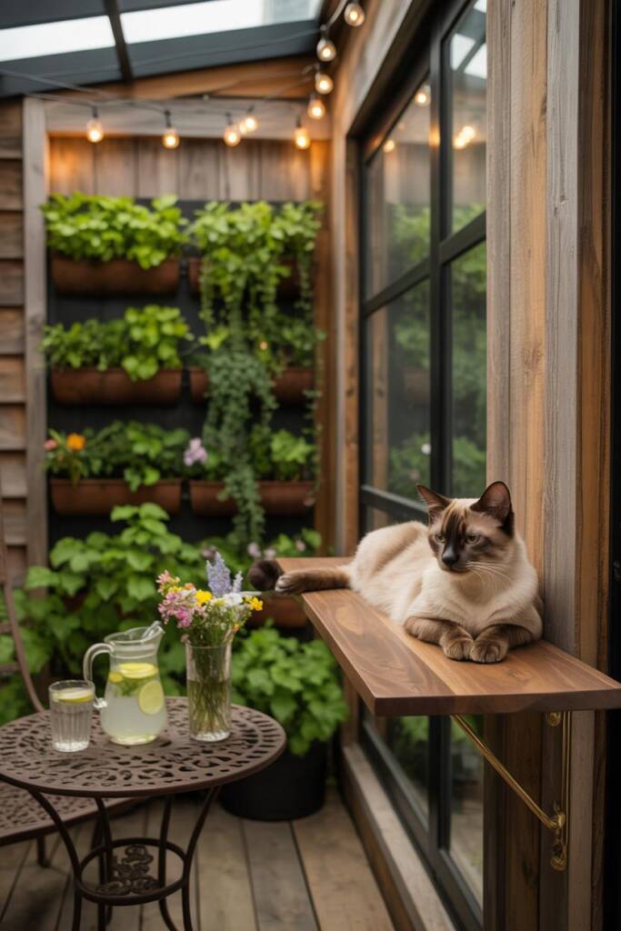 Vertical planter wall filled with herbs and flowers, mid-height wooden shelf where a cat lounges; solar fairy lights overhead