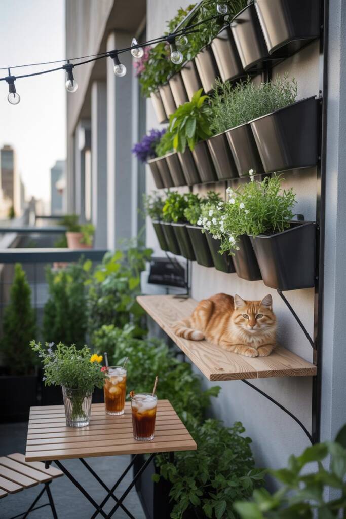 Vertical planter wall filled with herbs and flowers, mid-height wooden shelf where a cat lounges; solar fairy lights overhead