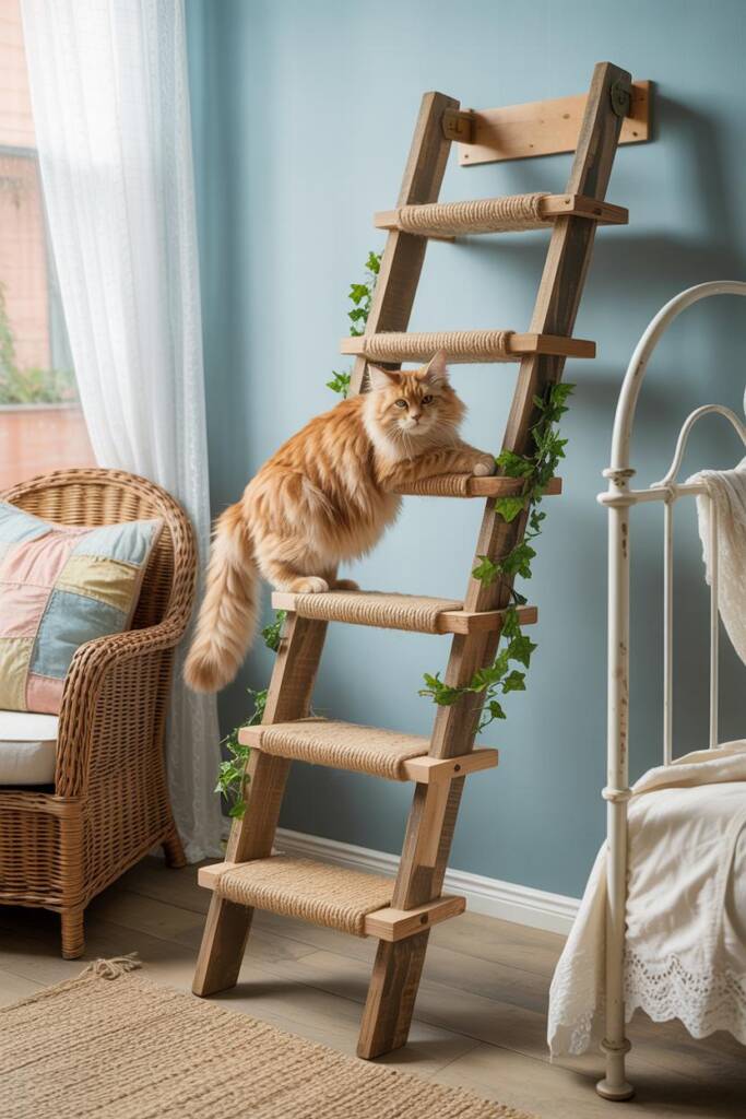 Weathered wooden ladder leaned against wall, ivy garland wrapped around rungs, planks turned into cat steps; beside white iro