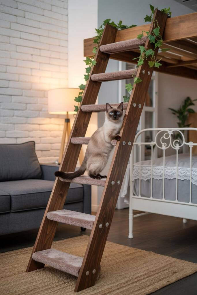 Weathered wooden ladder leaned against wall, ivy garland wrapped around rungs, planks turned into cat steps; beside white iro