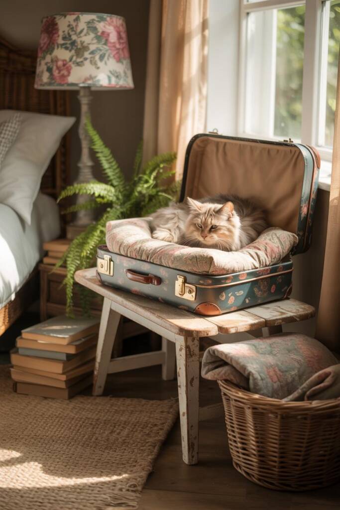 Stacked vintage suitcases, top one open with plush pillow as cat bed; beside floral lampshade and stacked novels on rustic wo