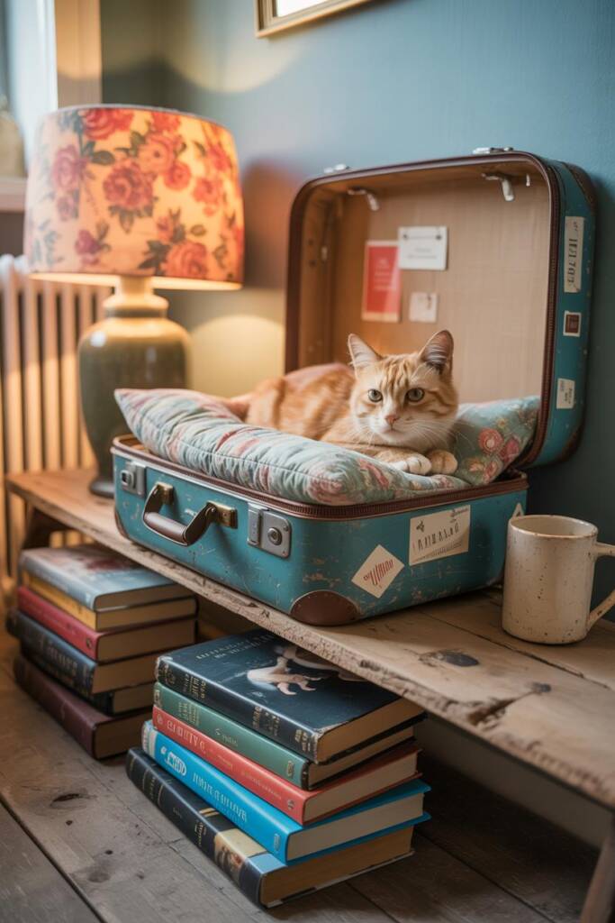 Stacked vintage suitcases, top one open with plush pillow as cat bed; beside floral lampshade and stacked novels on rustic wo