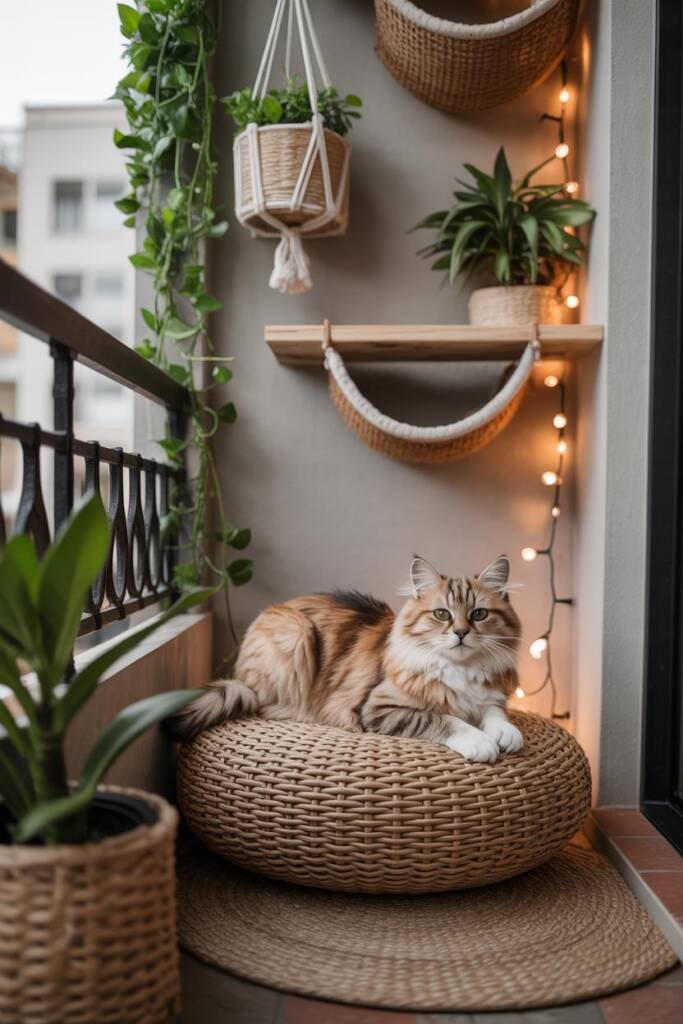 Boho-style meditation nook with DIY floating cat shelf, hanging plants, cozy poufs, and fairy lights styled for inspiration m