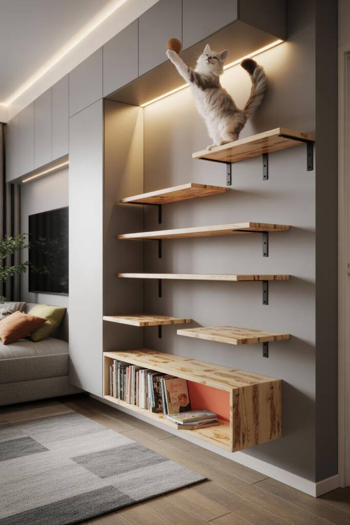 Maximize small spaces with wall-mounted cat trees. Cats climb high while kids play below, turning walls into interactive play