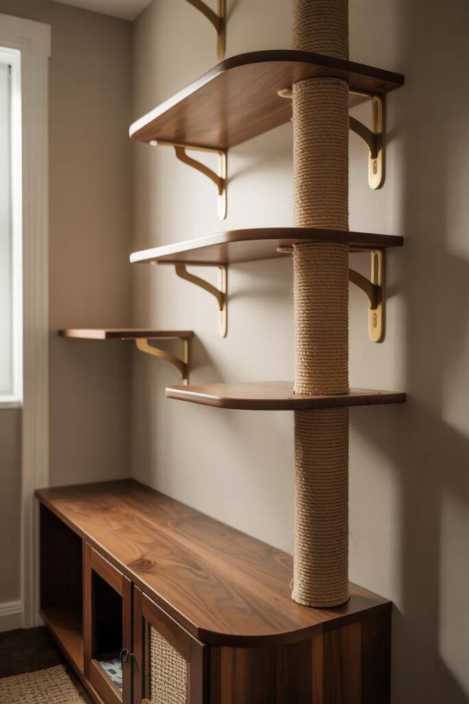 Maximize small spaces with wall-mounted cat trees. Cats climb high while kids play below, turning walls into interactive play