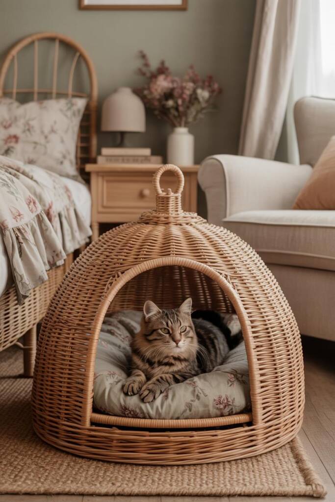 Sunlit cottagecore bedroom with ruffled floral bedding, wooden nightstand, dried flowers; natural wicker dome lined with a fl
