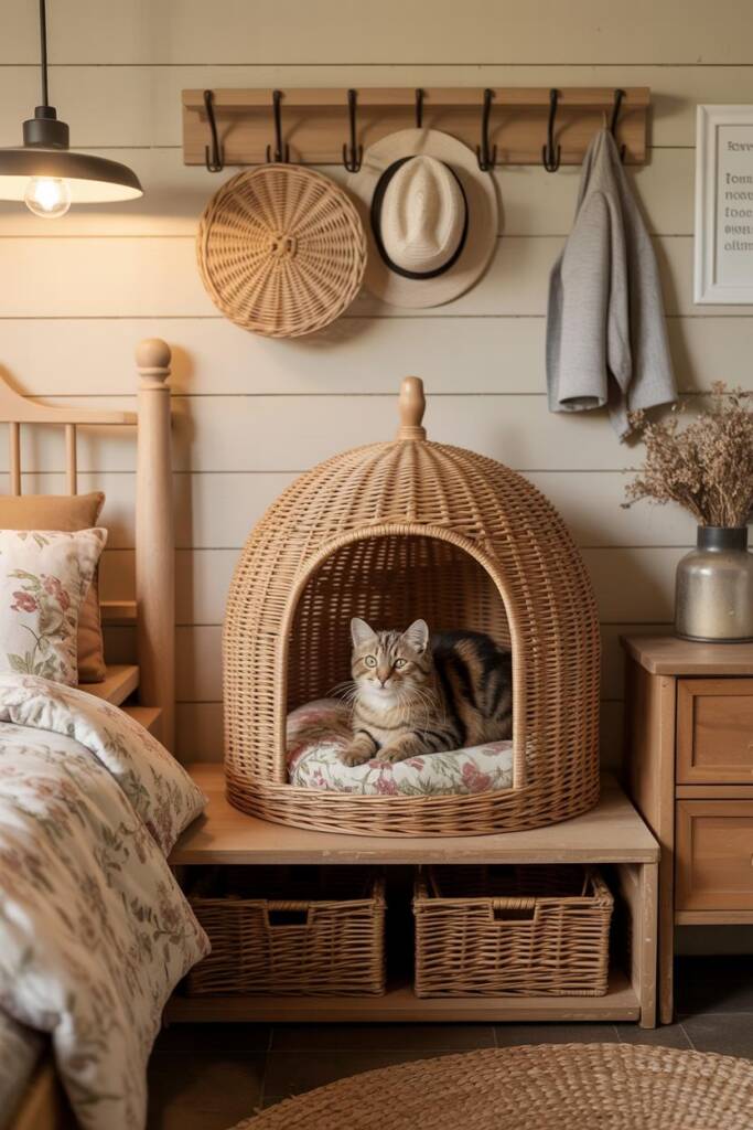 Sunlit cottagecore bedroom with ruffled floral bedding, wooden nightstand, dried flowers; natural wicker dome lined with a fl