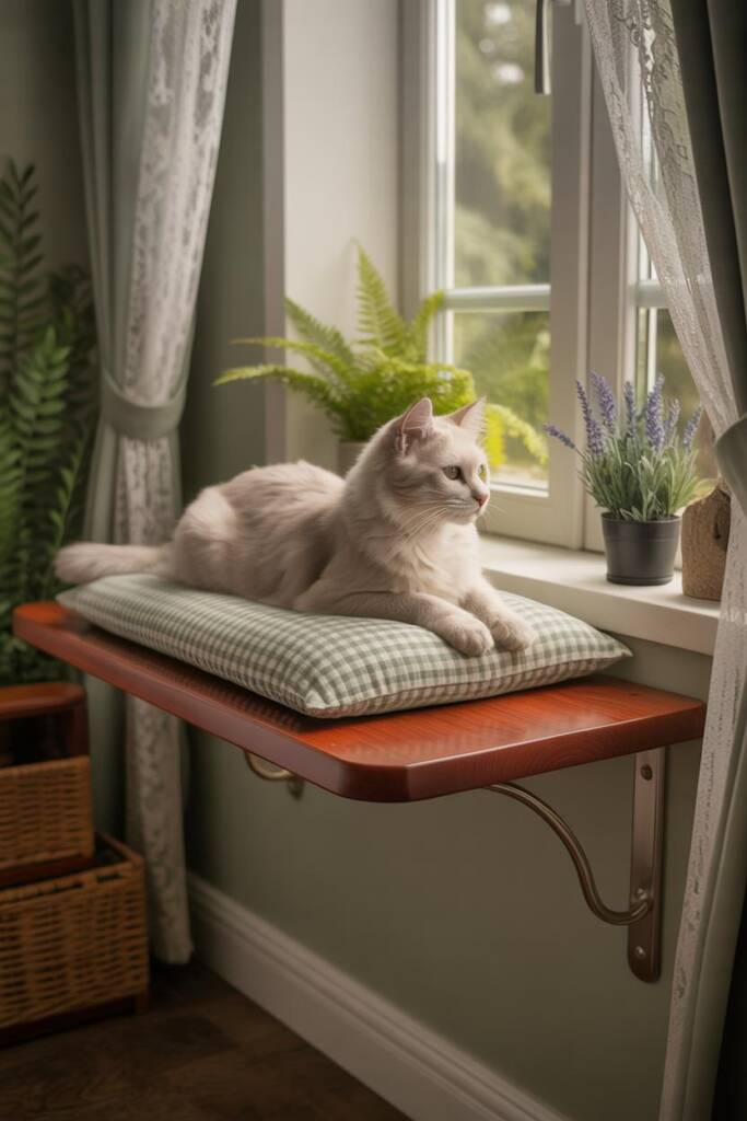 Bright airy bedroom with lace curtains, wooden shelf as cat perch topped with gingham cushion, potted lavender on sill; a cat