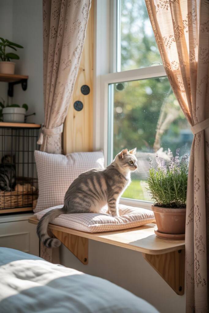Bright airy bedroom with lace curtains, wooden shelf as cat perch topped with gingham cushion, potted lavender on sill; a cat