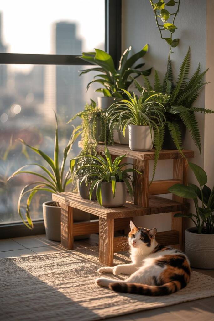 Vertical photo of an urban balcony with layered non-toxic plants (spider plants, calatheas, Boston ferns) at varied heights i