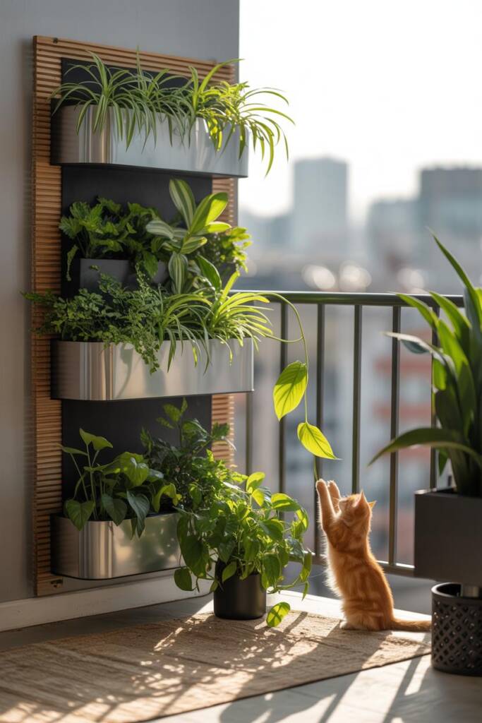 Vertical photo of an urban balcony with layered non-toxic plants (spider plants, calatheas, Boston ferns) at varied heights i