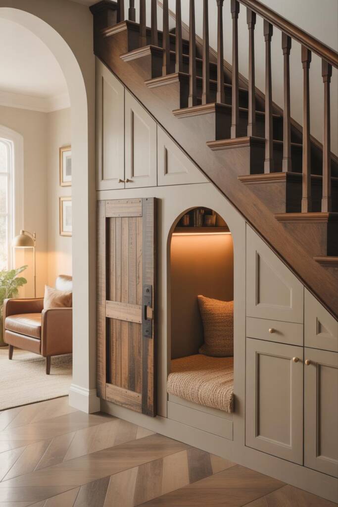 Hyperreal interior of a high-end hallway where the void beneath a staircase is transformed into a built-in doghouse; arched e
