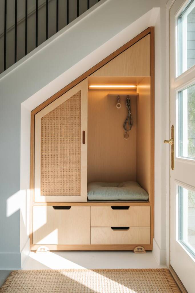 1. Built-In Luxury Retreat Under the Stairs built-in doghouse under-stair doghouses