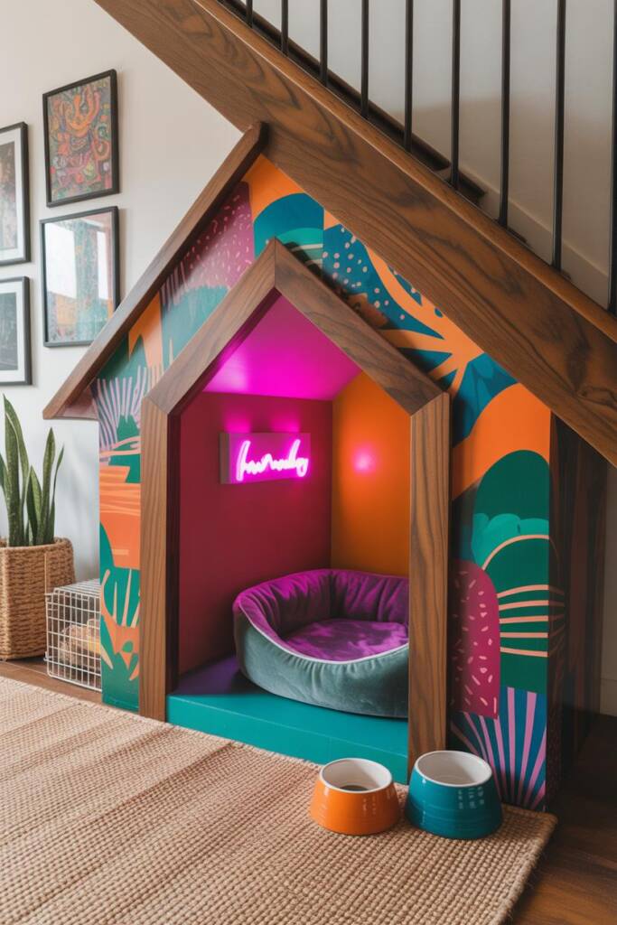 Vibrant under-stair doghouse wrapped in graphic wallpaper (geometric or tropical), color-blocked doorway trim, coordinating d