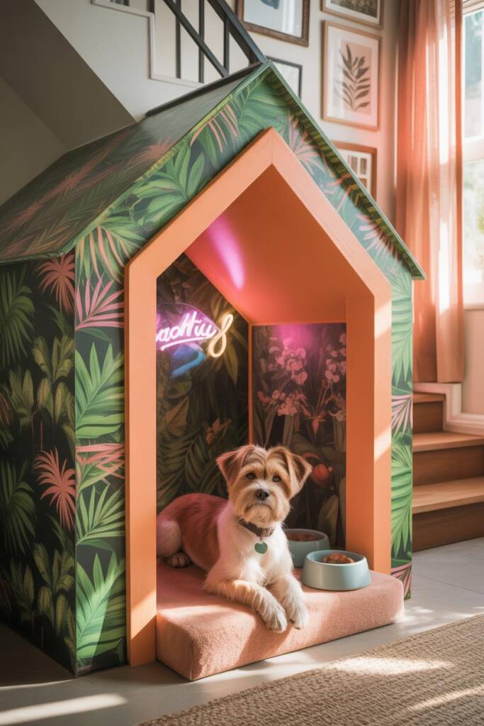 Vibrant under-stair doghouse wrapped in graphic wallpaper (geometric or tropical), color-blocked doorway trim, coordinating d