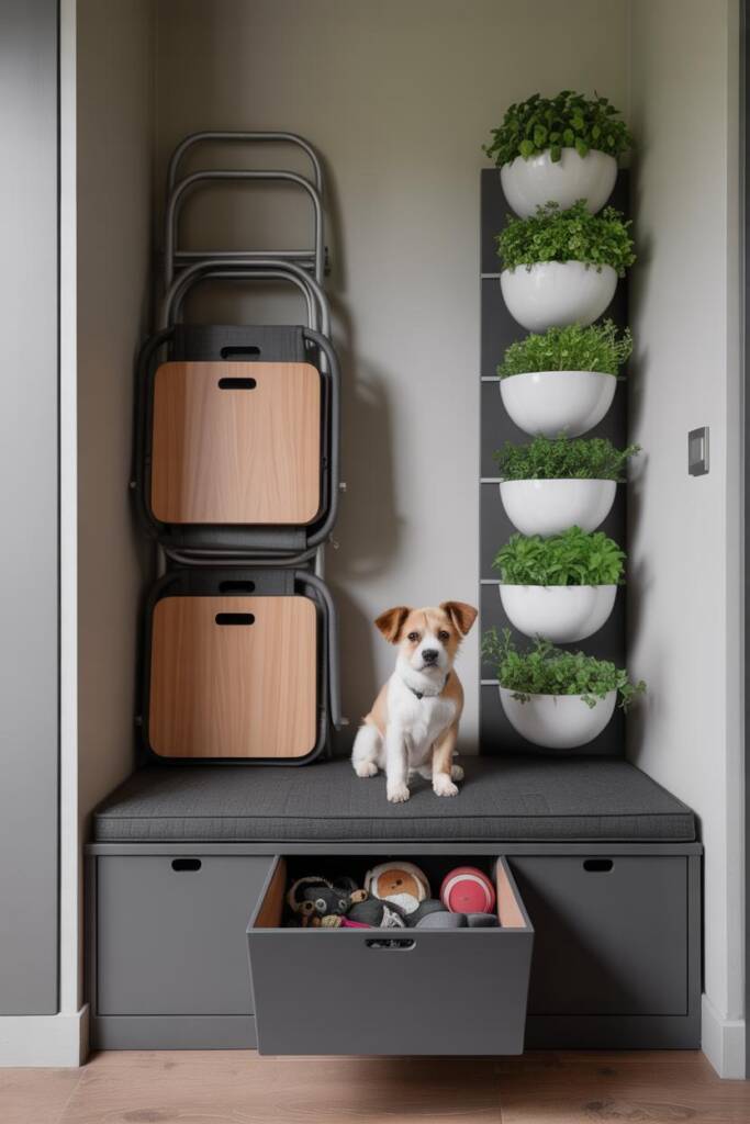 Vertical composition: storage bench with cushion (lid slightly open showing neatly stored pet toys), foldable chairs, stackab