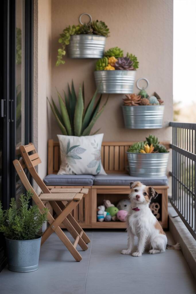Vertical composition: storage bench with cushion (lid slightly open showing neatly stored pet toys), foldable chairs, stackab