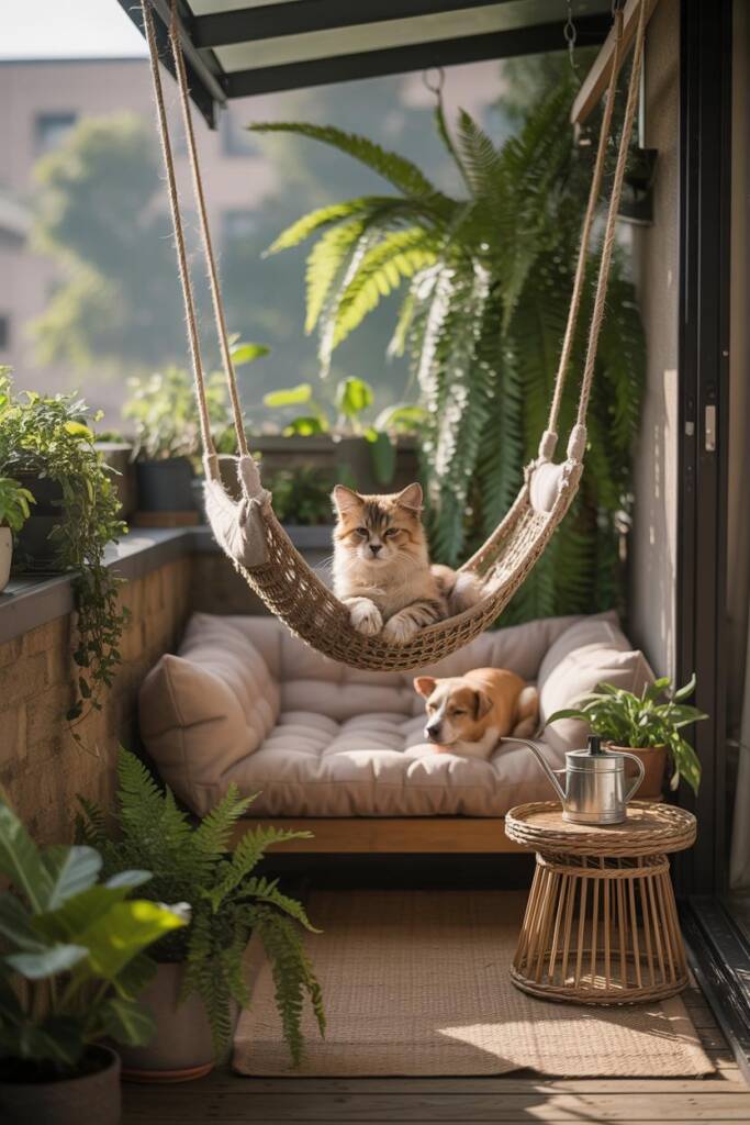 Vertical scene: shaded balcony corner with low pet-safe hammock, tufted outdoor cushion, tall leafy plants framing the nook;