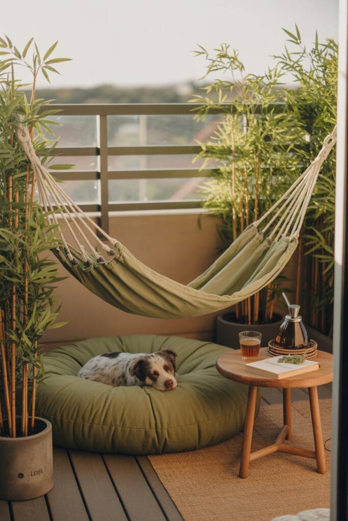 Vertical scene: shaded balcony corner with low pet-safe hammock, tufted outdoor cushion, tall leafy plants framing the nook;