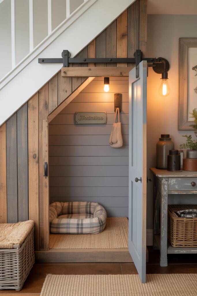 Under-stair doghouse clad in reclaimed barn wood with white shiplap interior; mini barn-style sliding door on matte-black rai