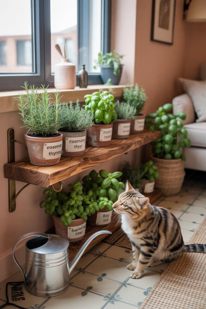 Close-up vertical: tiered shelf of rosemary, thyme, basil in labeled clay pots; cat in foreground sniffing basil; stainless w