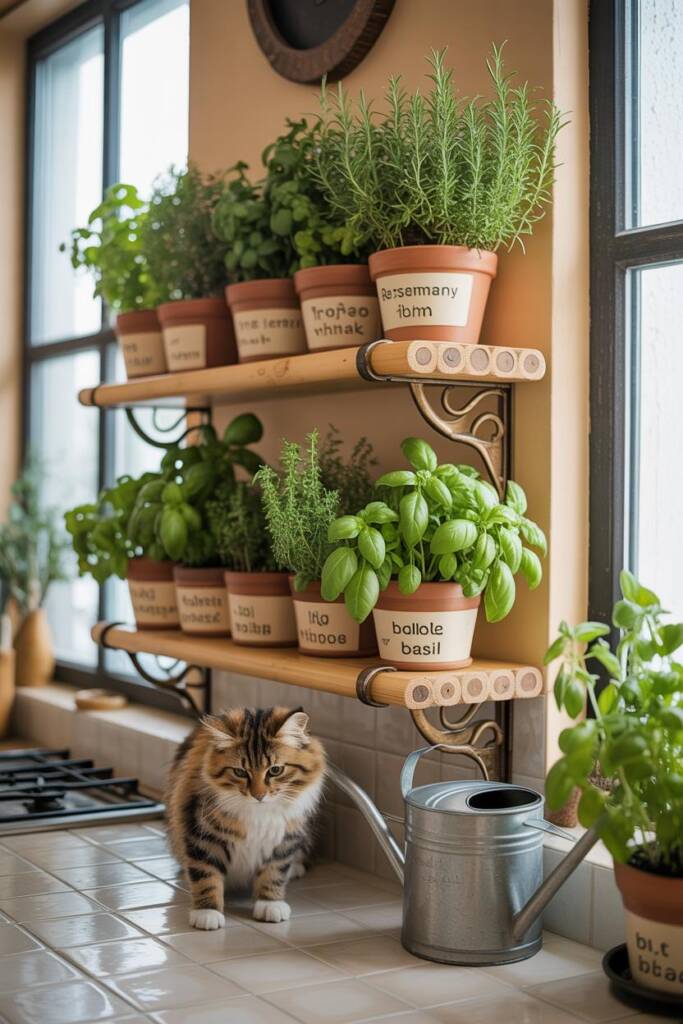 Close-up vertical: tiered shelf of rosemary, thyme, basil in labeled clay pots; cat in foreground sniffing basil; stainless w