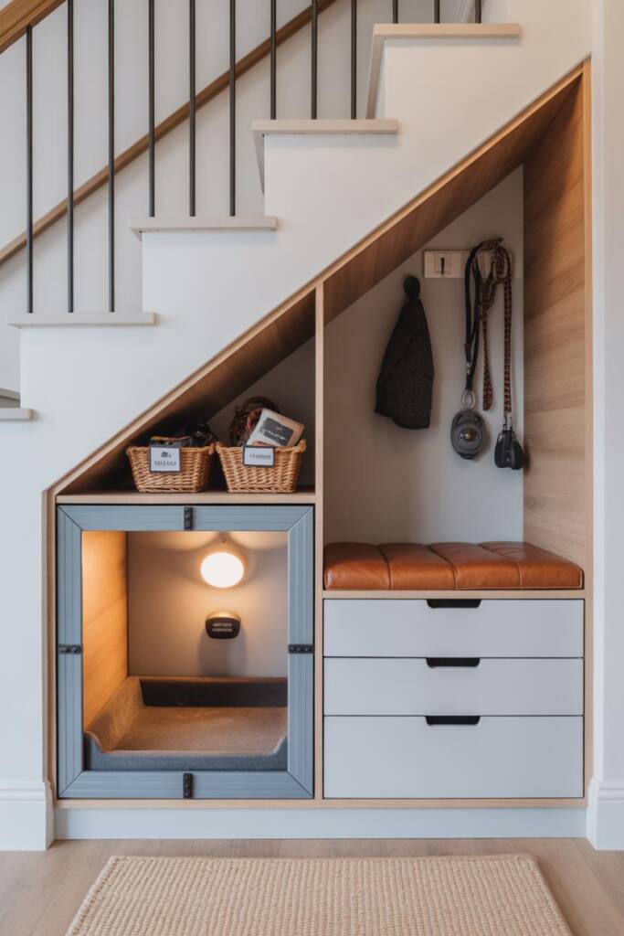 Family-friendly under-stair wall with doghouse on left and stacked soft-close drawers/cubbies on right; labeled baskets for l
