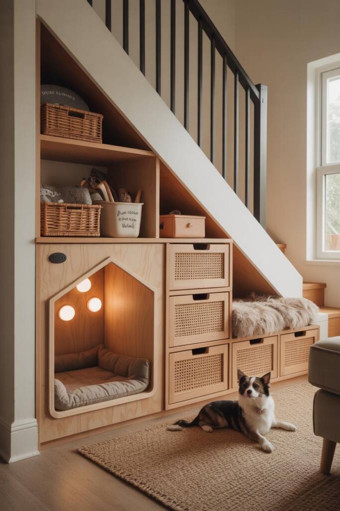 Family-friendly under-stair wall with doghouse on left and stacked soft-close drawers/cubbies on right; labeled baskets for l