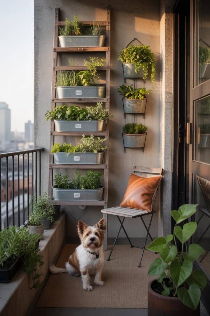 Vertical composition showing ladder shelf + wall planters packed with greenery, floor kept clear; slim bistro chair; small do