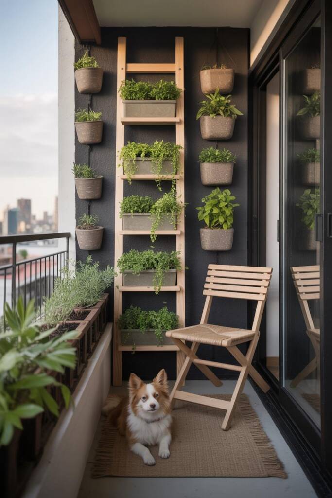 Vertical composition showing ladder shelf + wall planters packed with greenery, floor kept clear; slim bistro chair; small do