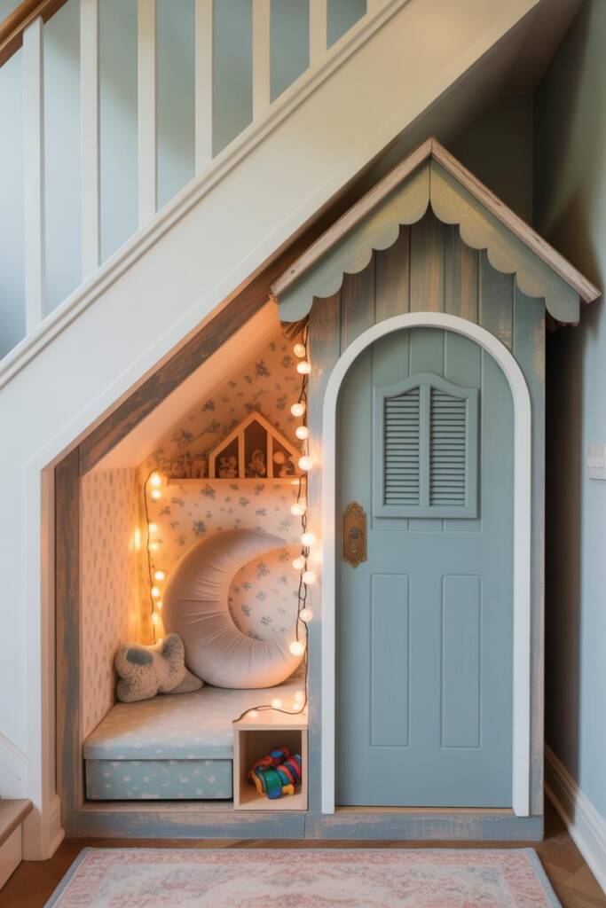 Under-stair “mini cottage” doghouse with tiny pitched-roof façade, scalloped trim, pastel sage door, brass knob, faux window