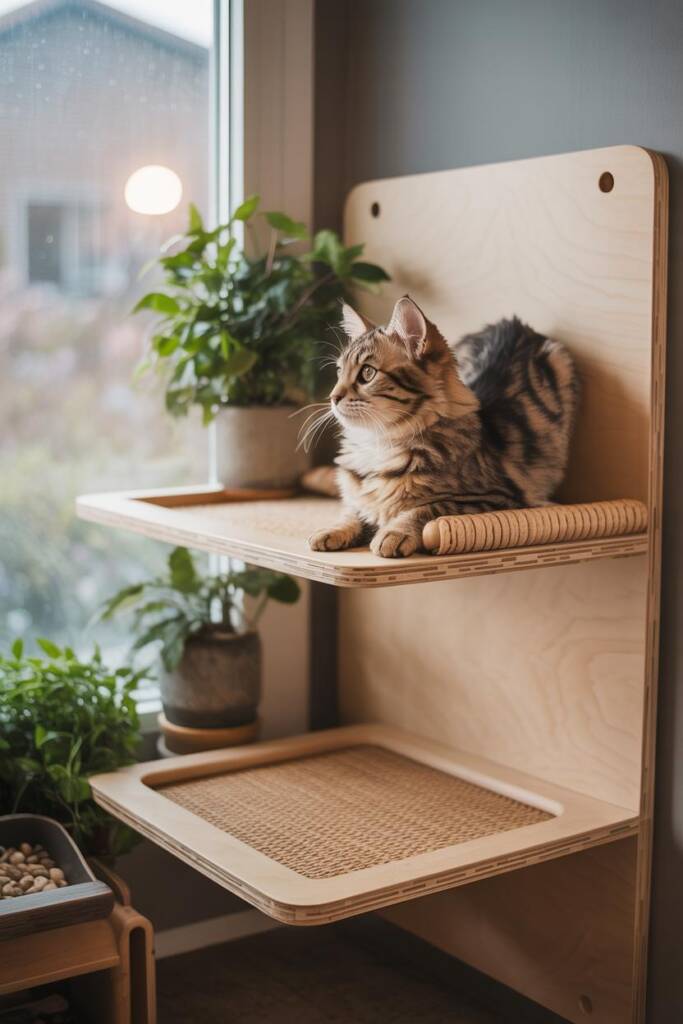 Vertical shot: minimal floating wood shelf with sisal edge as perch; cat perched gazing out; matching mini platform bed for s