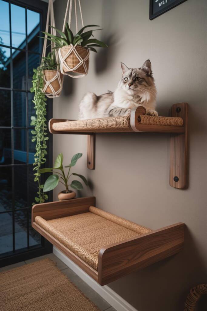 Vertical shot: minimal floating wood shelf with sisal edge as perch; cat perched gazing out; matching mini platform bed for s