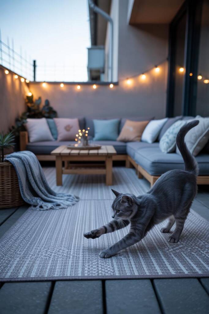 Vertical image: washable outdoor rug in subtle pattern, scatter of outdoor cushions, throw blanket in basket; cat stretching