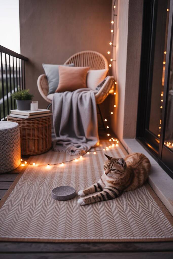 Vertical image: washable outdoor rug in subtle pattern, scatter of outdoor cushions, throw blanket in basket; cat stretching