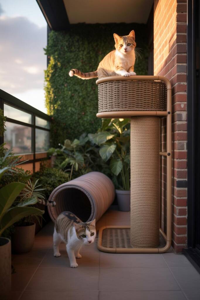 Vertical frame: sleek fabric tunnel, modern scratching post wrapped in jute, compact climbing frame; greenery as backdrop; ca