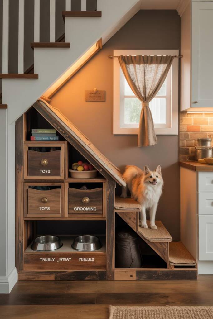 Activity-forward under-stair doghouse with modular cubbies labeled “toys,” “treats,” “grooming”; pull-out water/food drawers