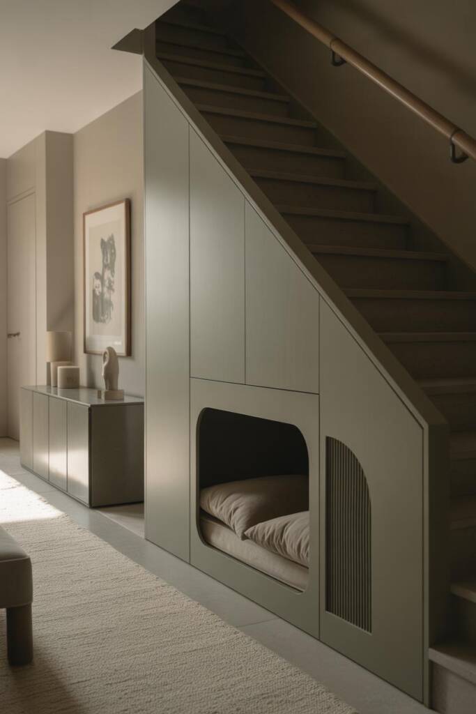 Discreet under-stair doghouse masked by full-height wall paneling that continues stair profile; subtle crescent cut-out or sl
