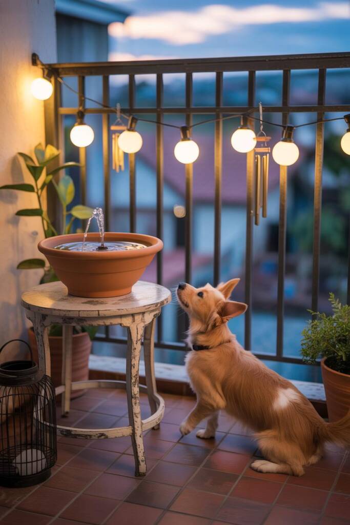 Vertical: tabletop bubbling fountain on small side table, soft wind chimes out of focus, warm solar string lights; small dog