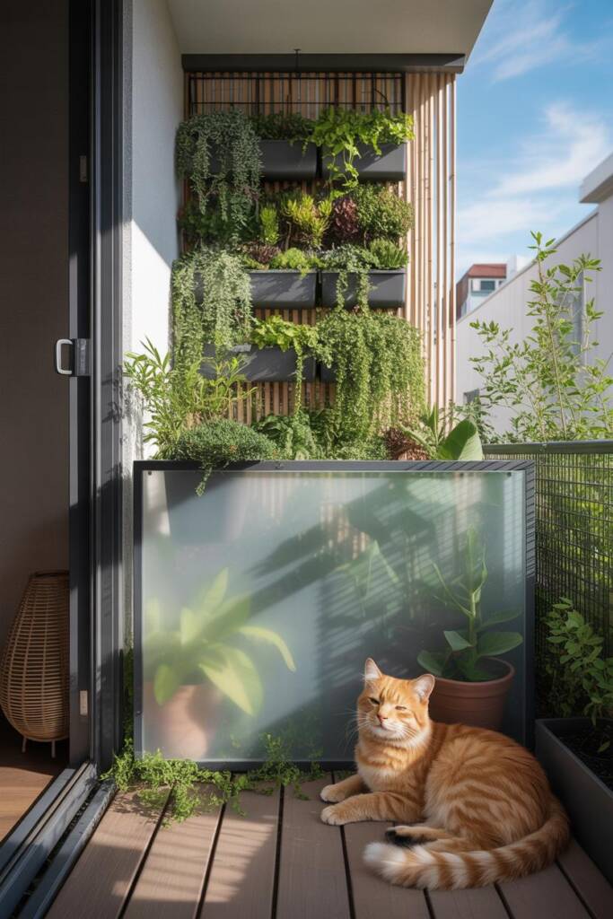 Vertical scene: clear plexiglass balcony barrier with clean lines, bamboo screen accent, lush plants inside boundary; cat loo